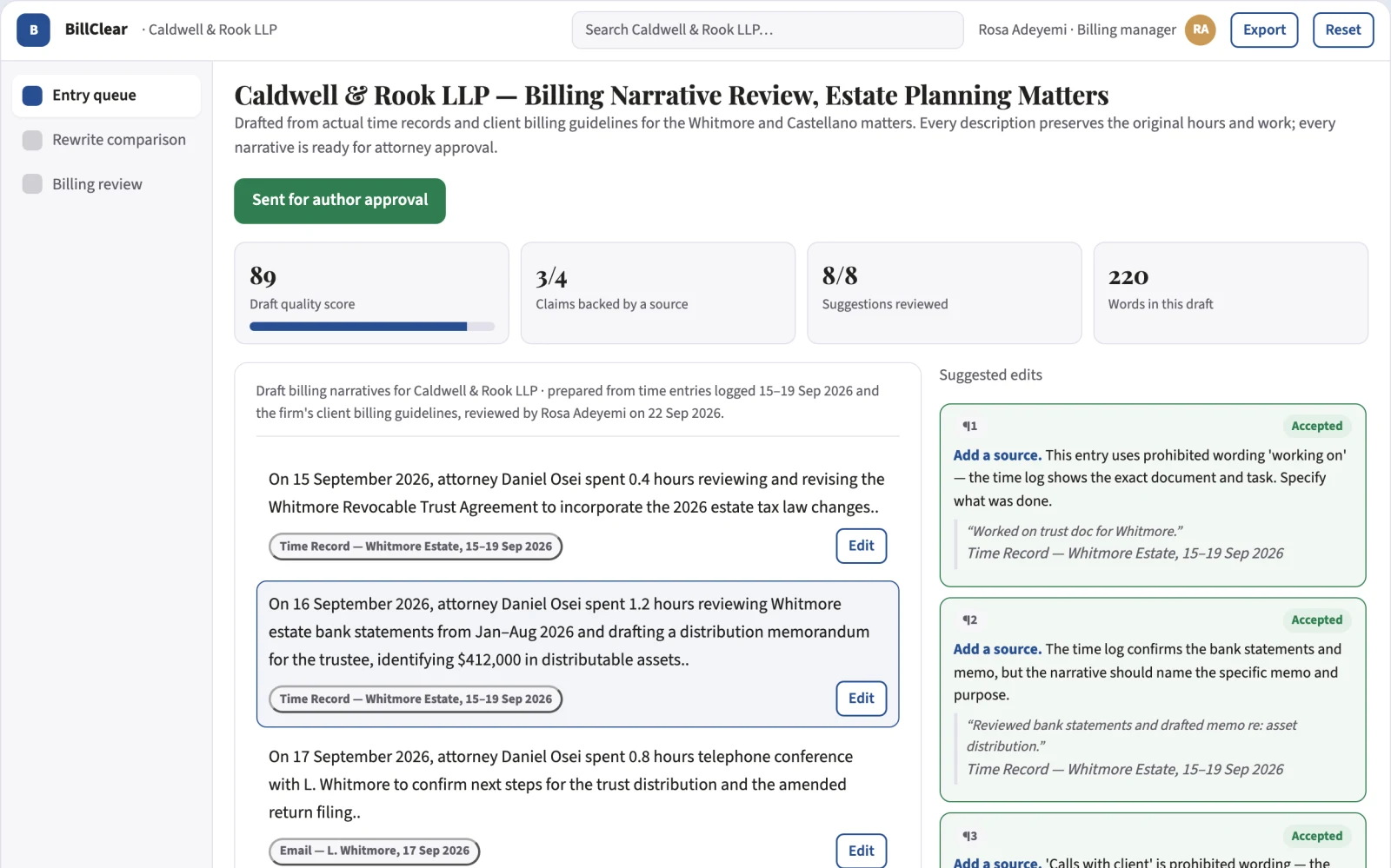 What Legal billing narrative editor looks like