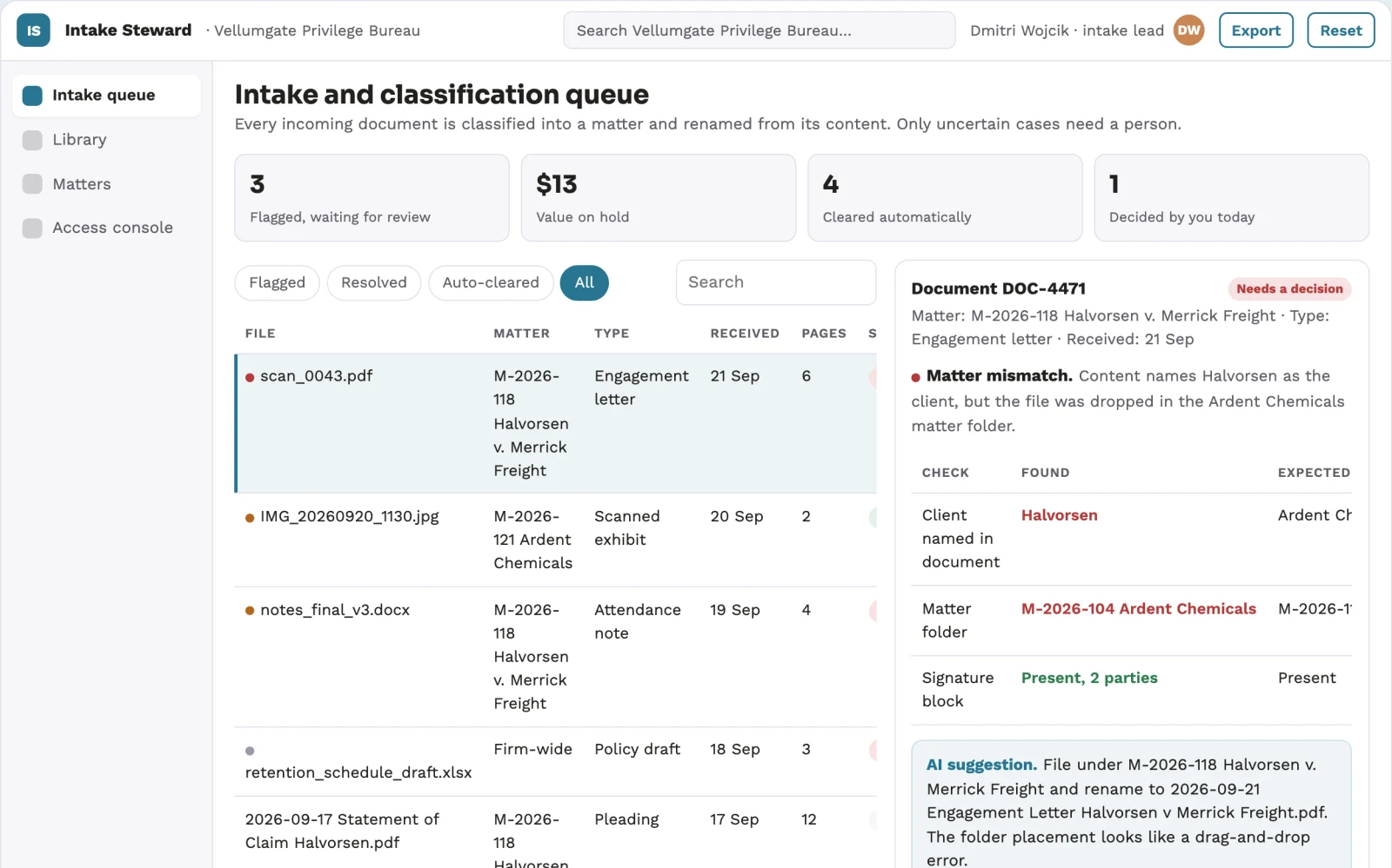 What Legal document intake and stewardship console looks like