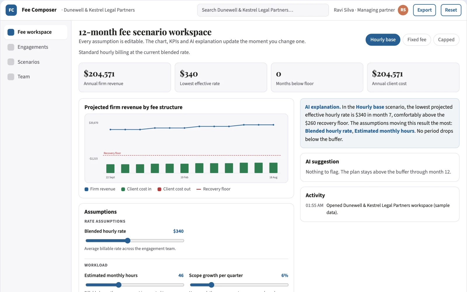 What Legal fee arrangement scenario composer looks like