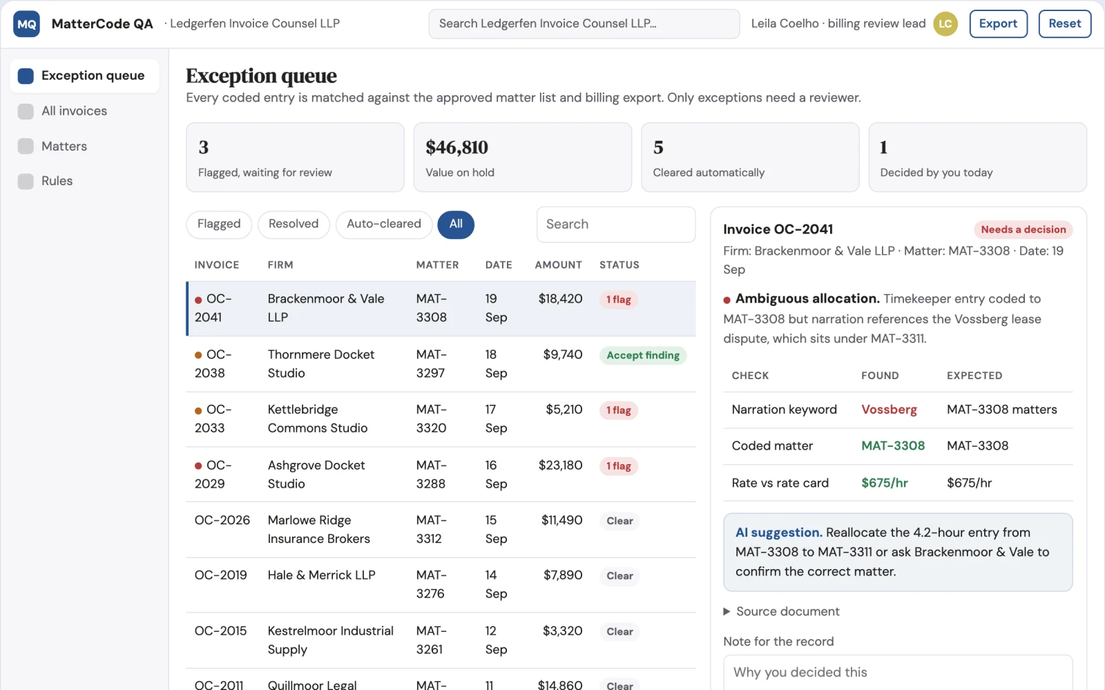 What Legal invoice matter-code validator looks like