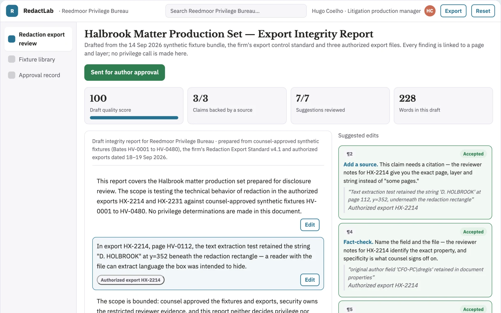 What Legal redaction export integrity lab looks like