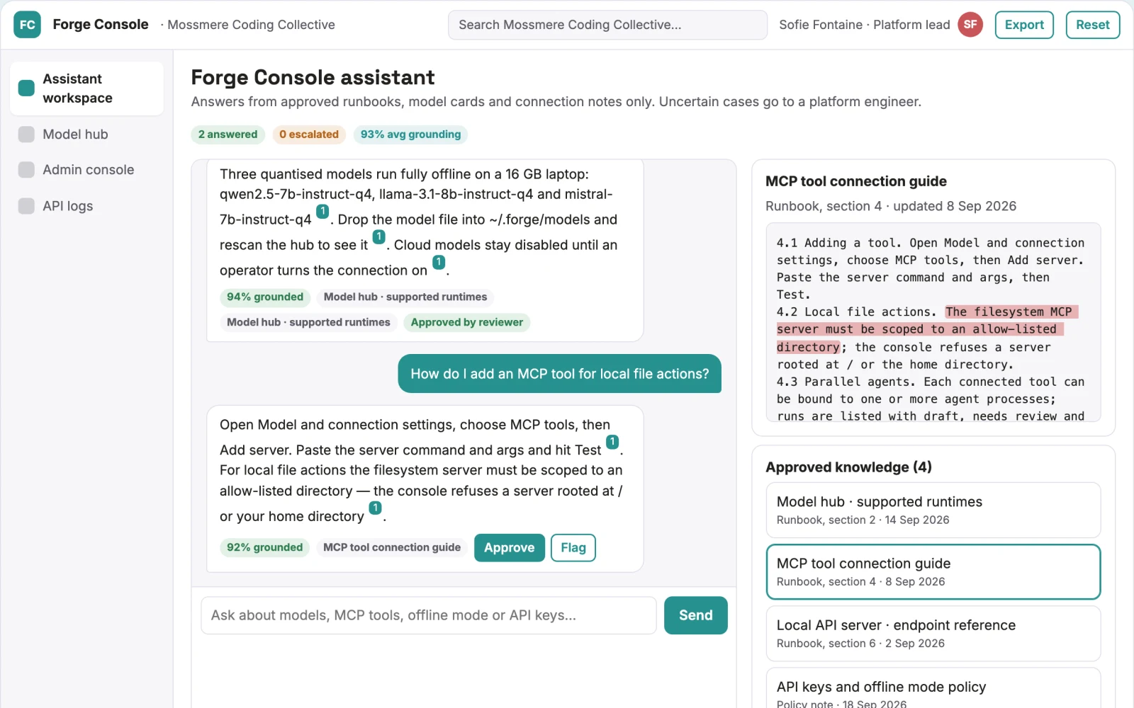 What Local assistant desktop console with model hub looks like