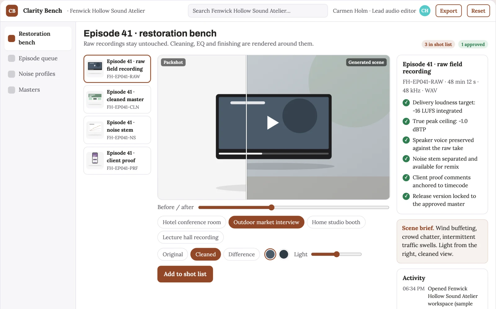 What Managed audio restoration and clarity workbench looks like
