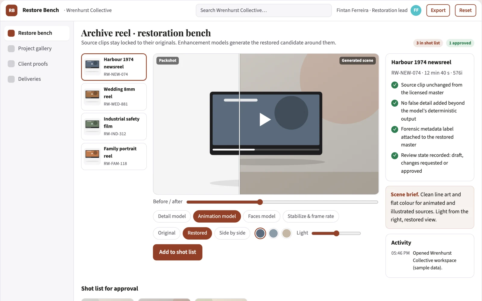 What Managed video restoration and upscaling workbench looks like