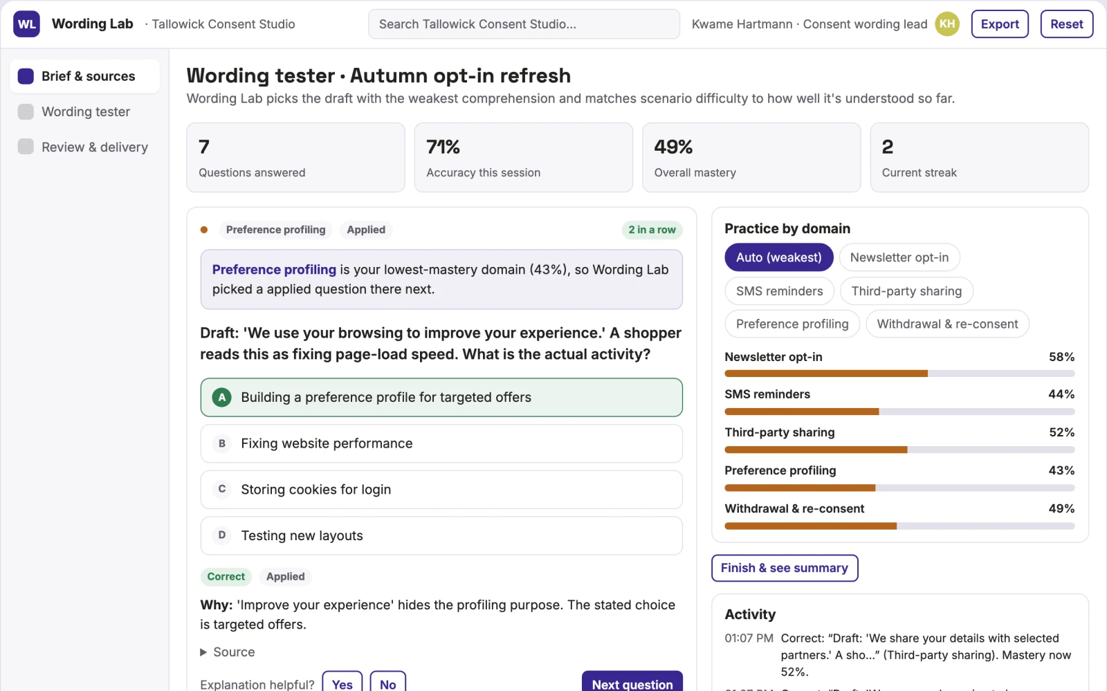 What Marketing consent wording tester looks like