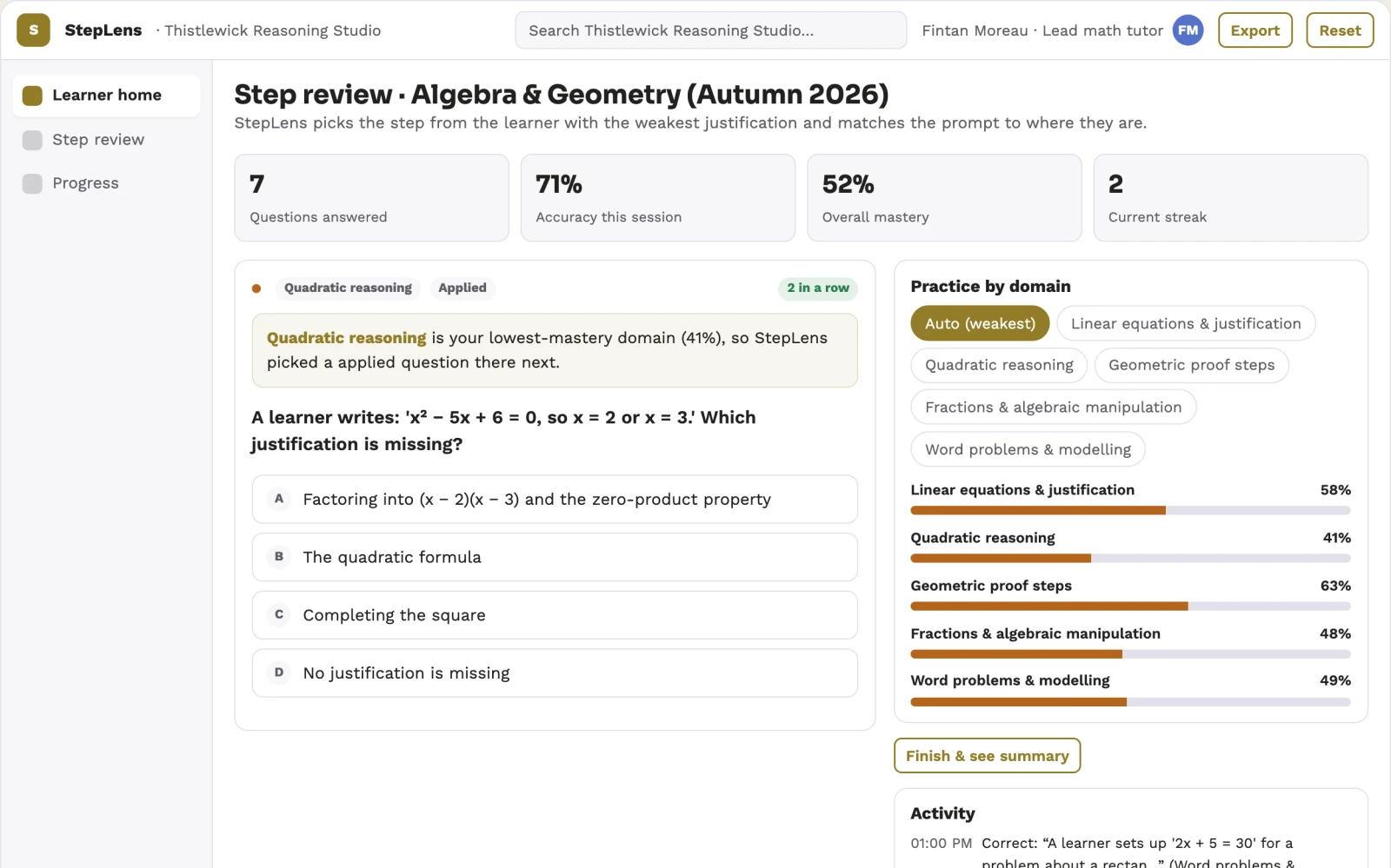 What Mathematical solution-step reviewer looks like