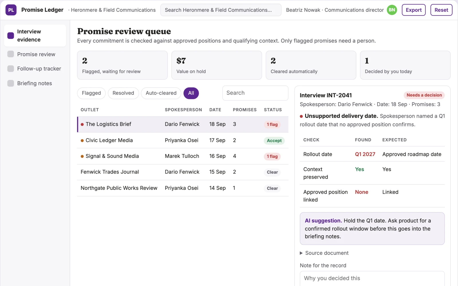 What Media interview commitment ledger looks like