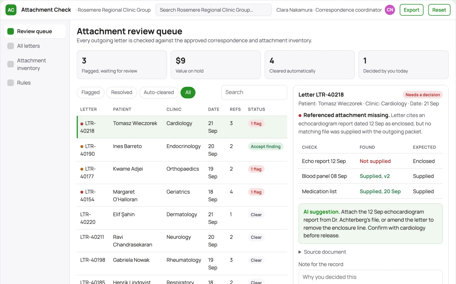 What Medical correspondence attachment checker looks like