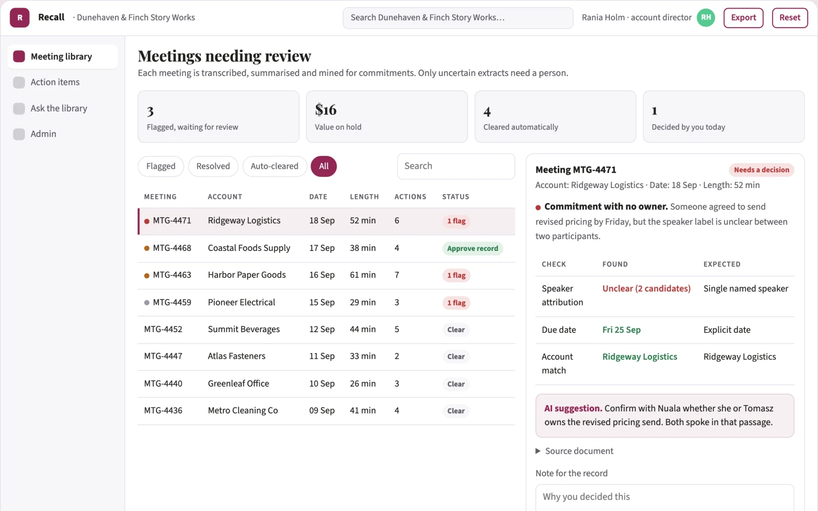 What Meeting record and action library looks like