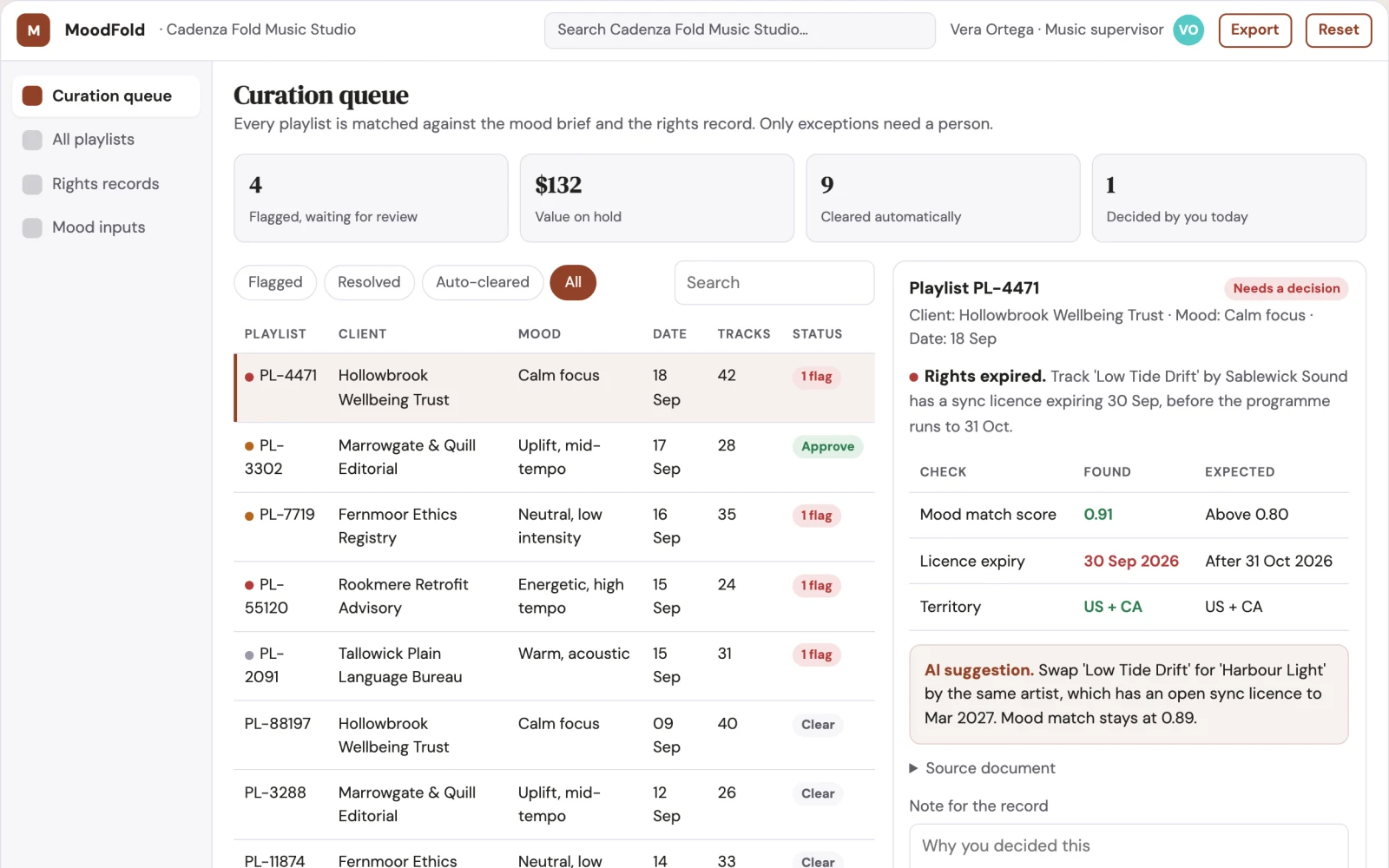 What Mood-matched playlist curation and music library console looks like