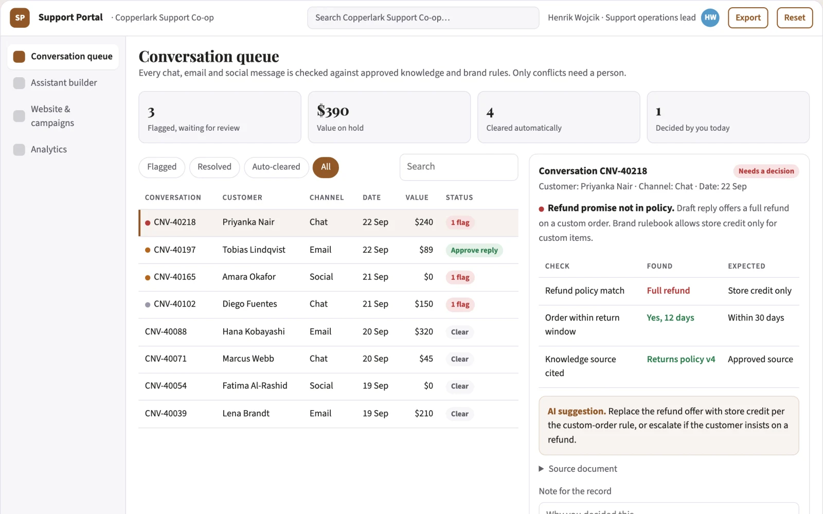 What Multi-channel support assistant operations portal looks like