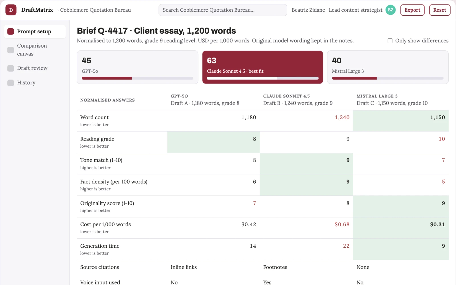What Multi-model writing comparison and clarification workspace looks like
