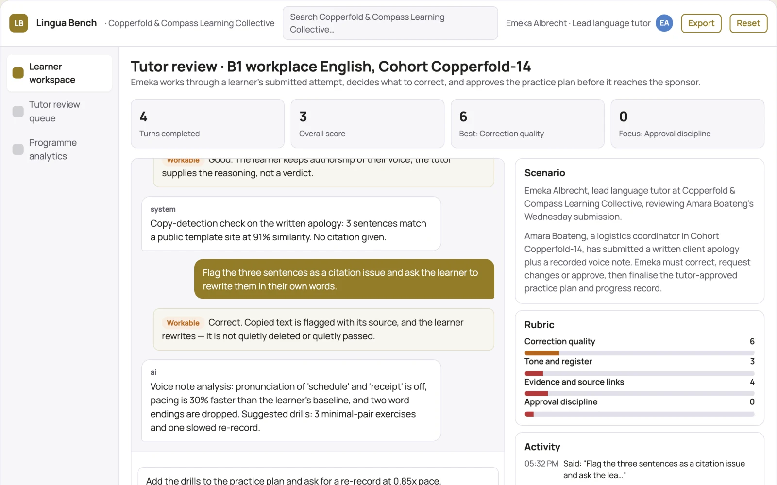 What Multi-skill language practice and coaching workbench looks like