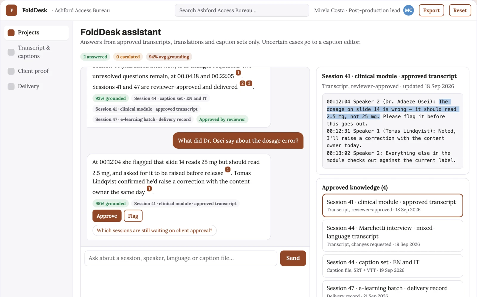 What Multilingual recording transcript and caption workbench looks like