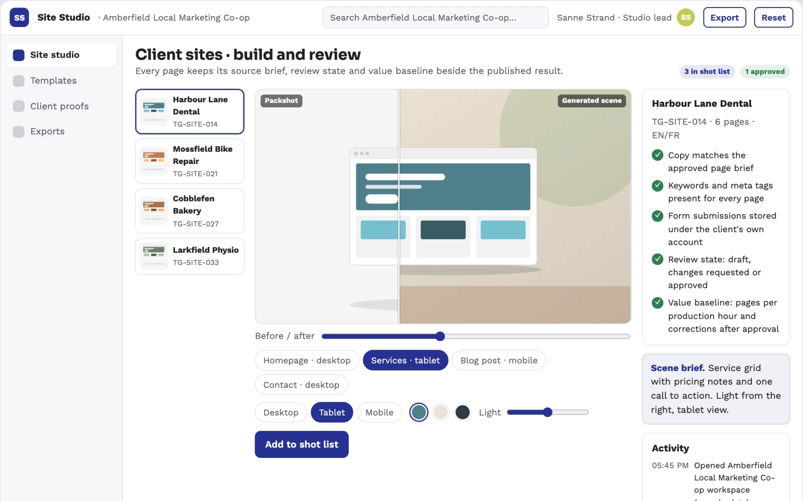 What No-code website build and creative review platform looks like