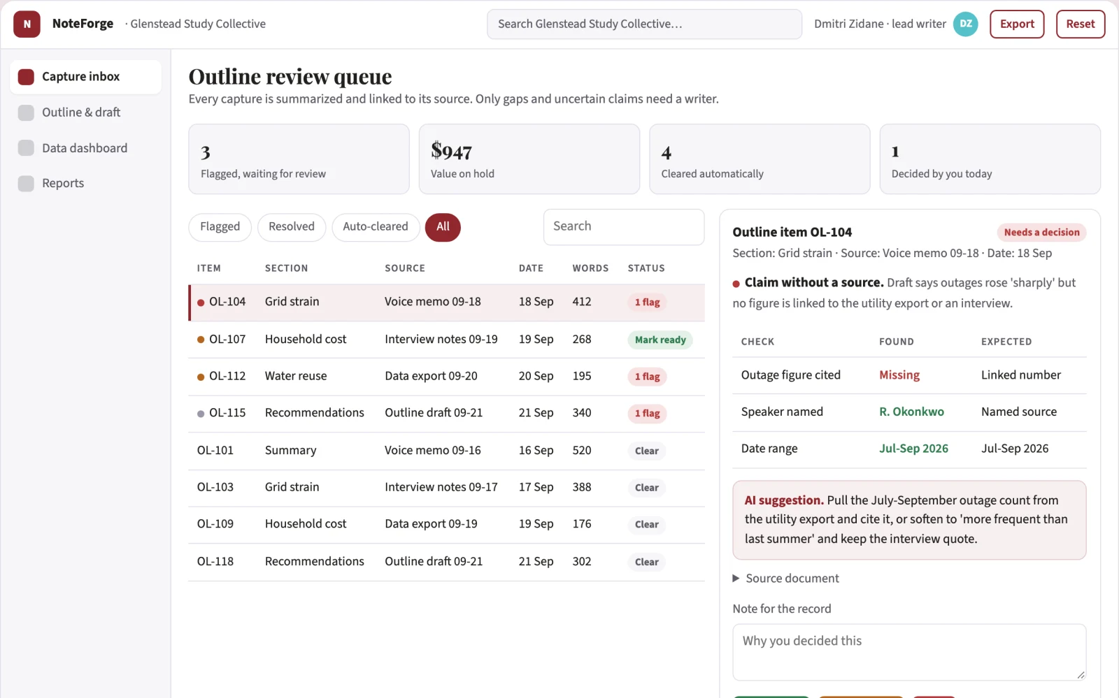 What Notes-to-report knowledge workbench looks like