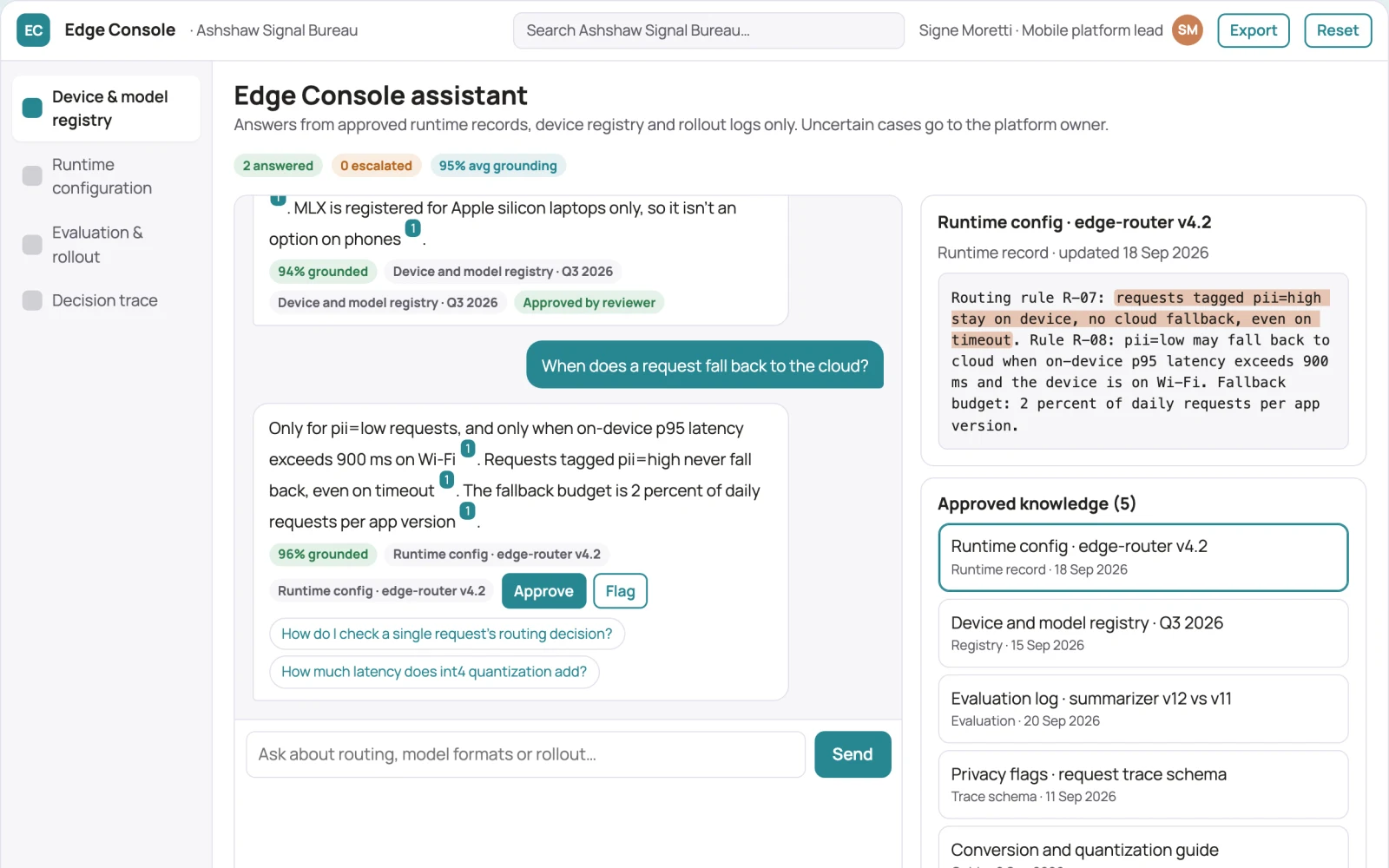 What On-device multimodal model runtime console looks like