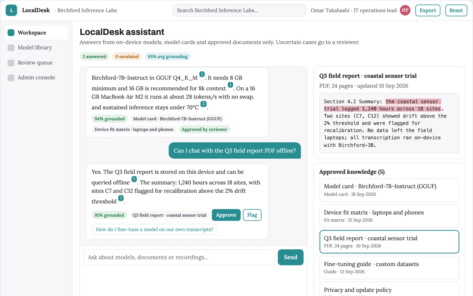 What On-device private model workspace looks like