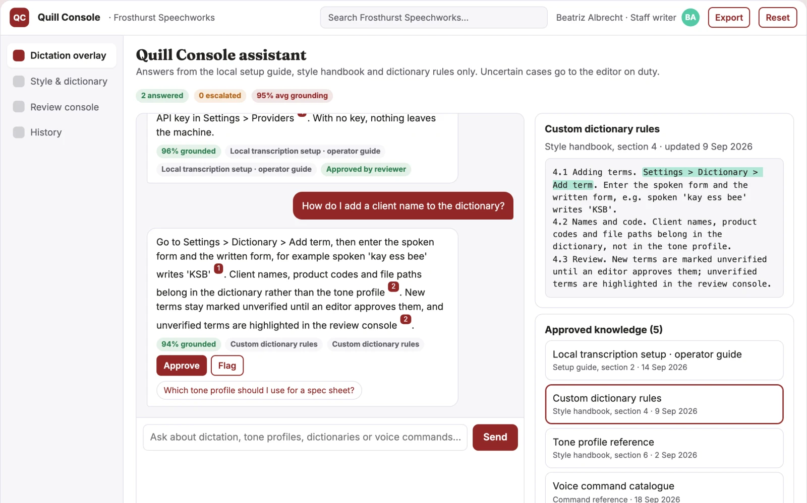 What On-device voice-to-text writing console looks like