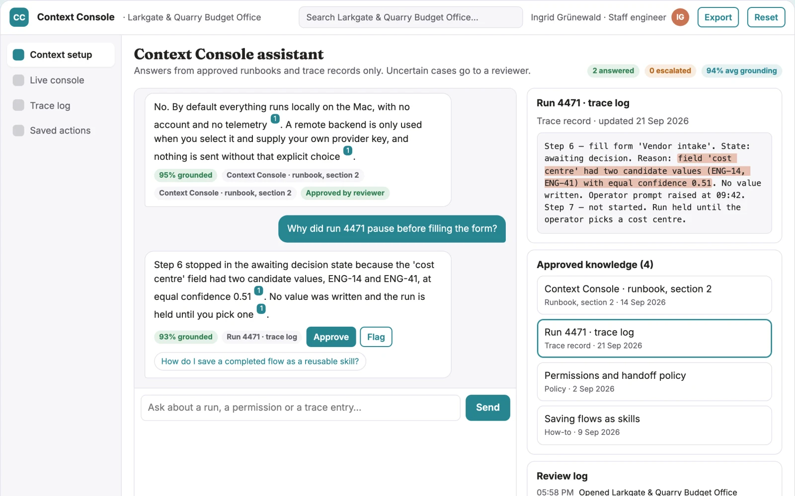 What On-screen context assistant console looks like