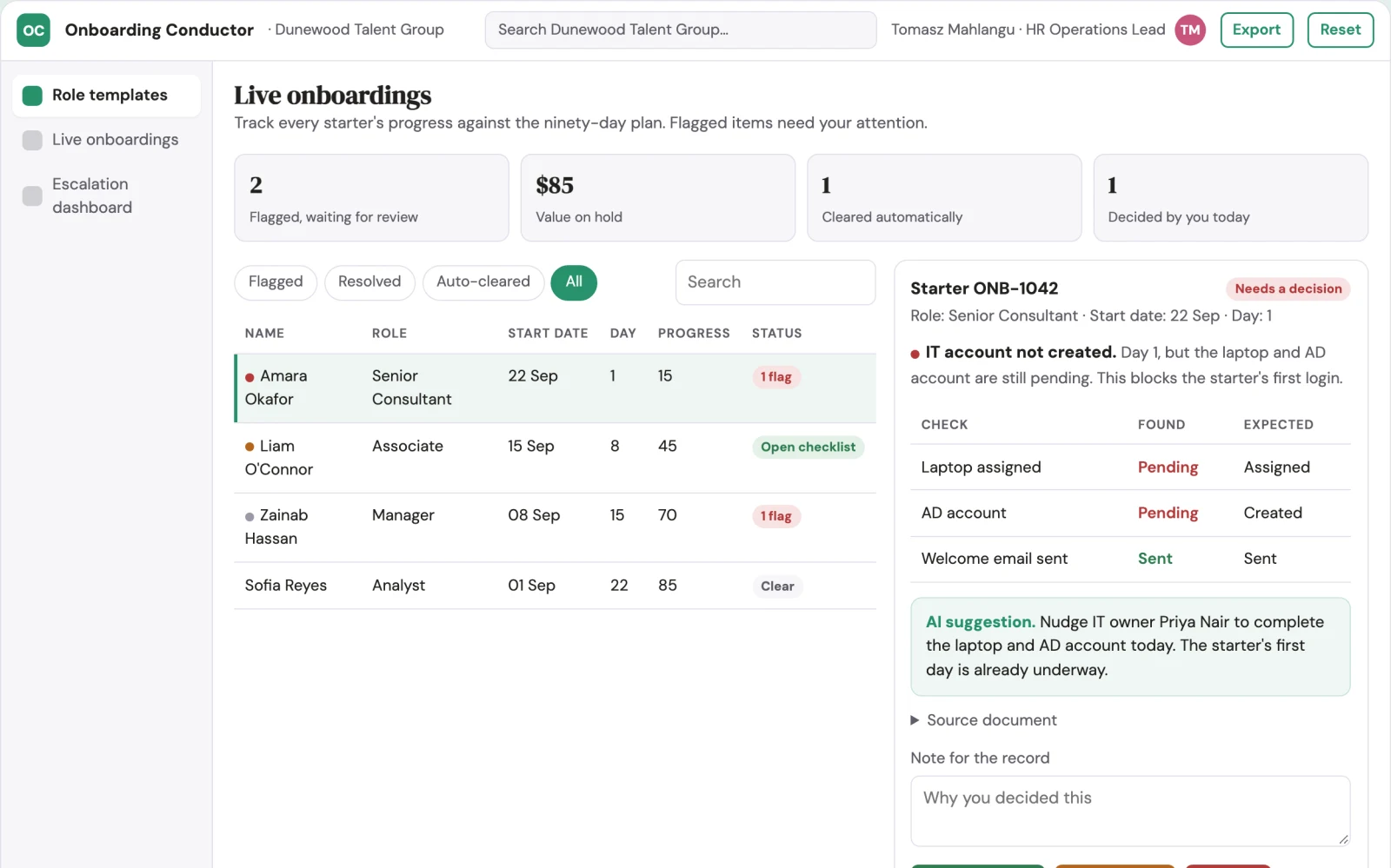 What Ninety Day Onboarding Conductor looks like