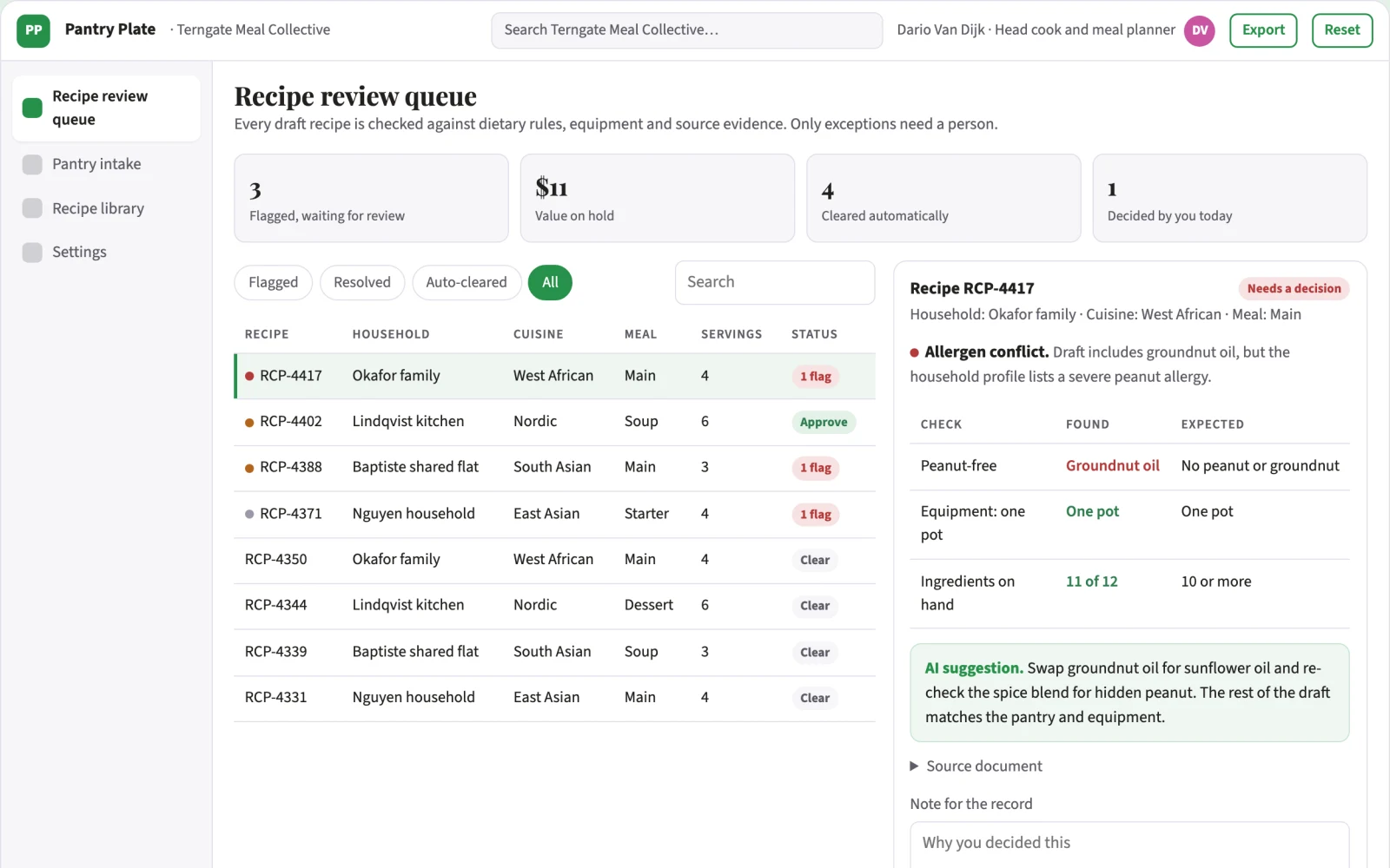 What Pantry-to-plate recipe library and data stewardship console looks like