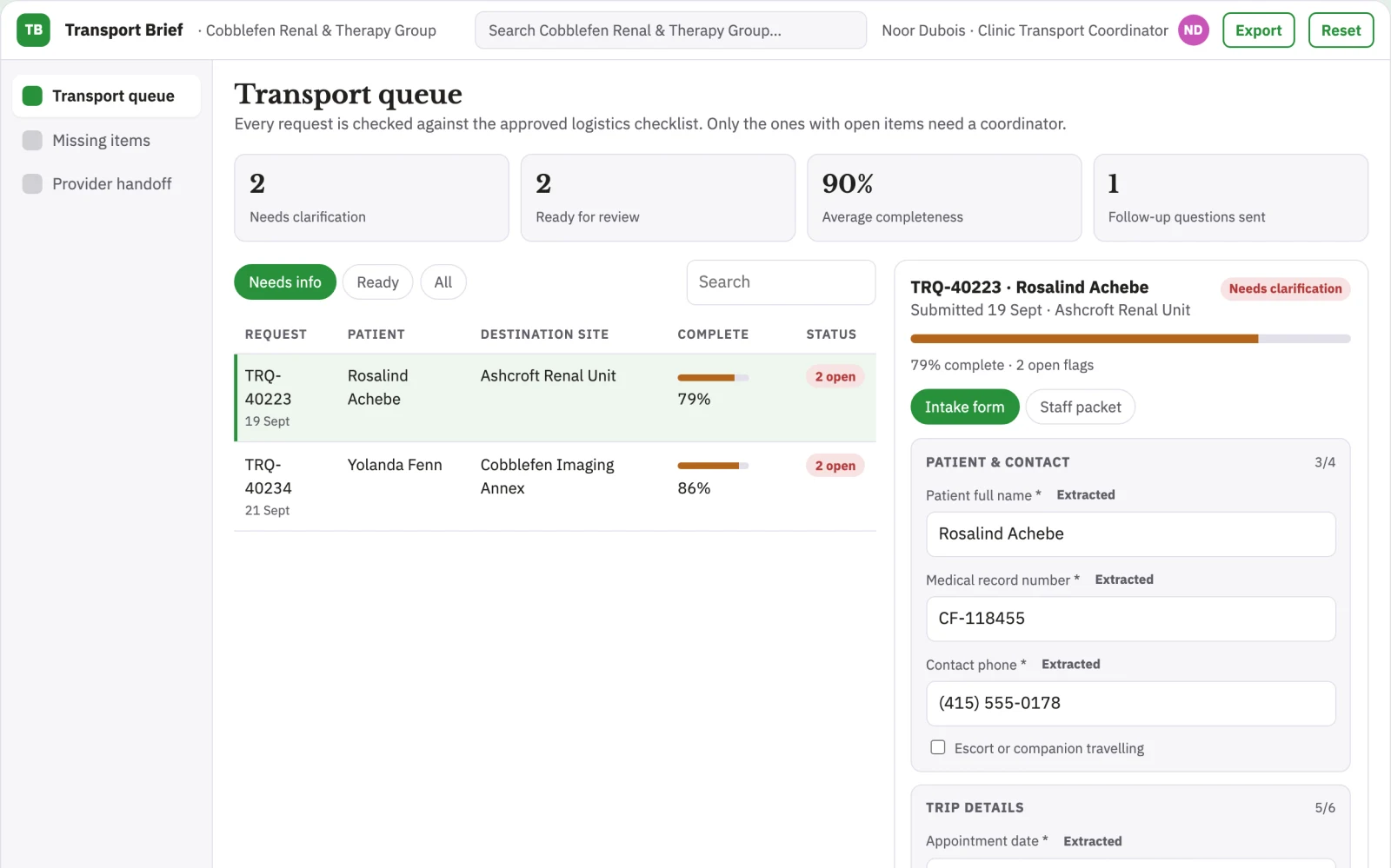 What Patient transport coordination brief looks like