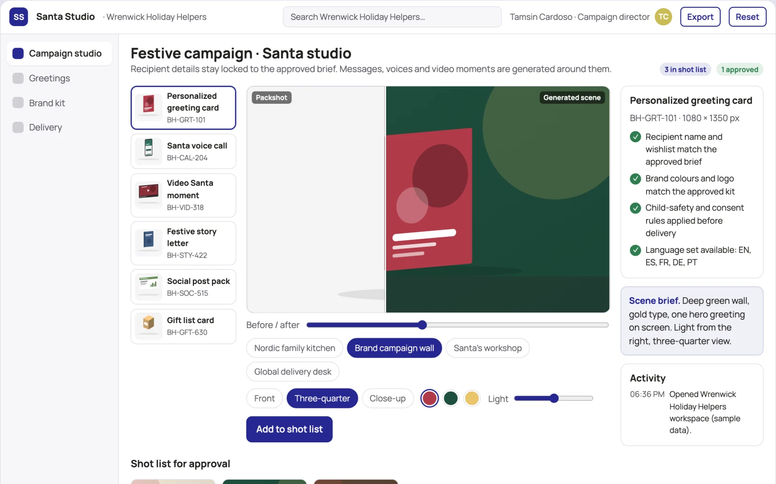 What Personalized holiday greeting and Santa experience studio looks like