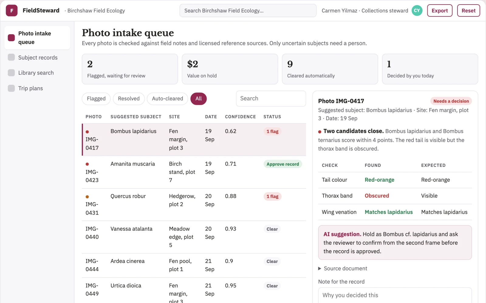 What Photo subject identification and field data stewardship console looks like