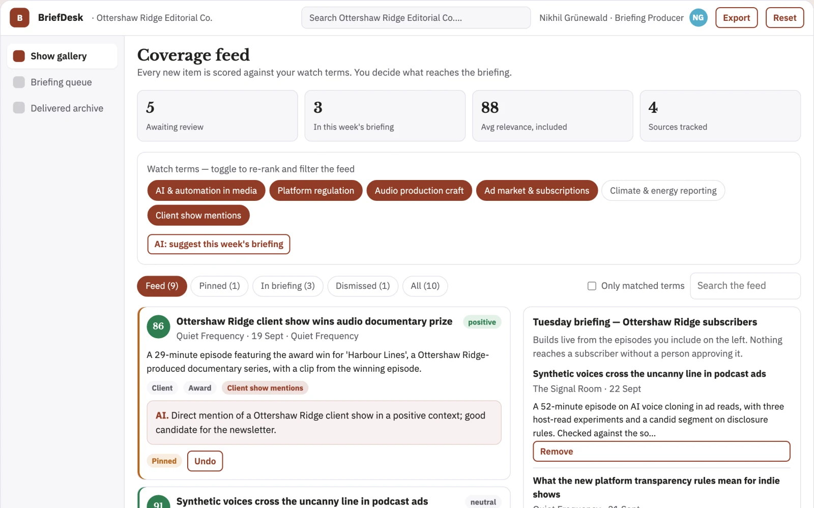 What Podcast episode summary and briefing subscription looks like