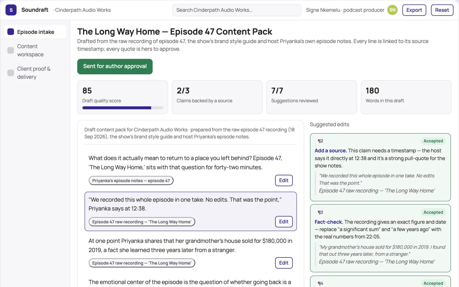 What Podcast episode to written content workspace looks like