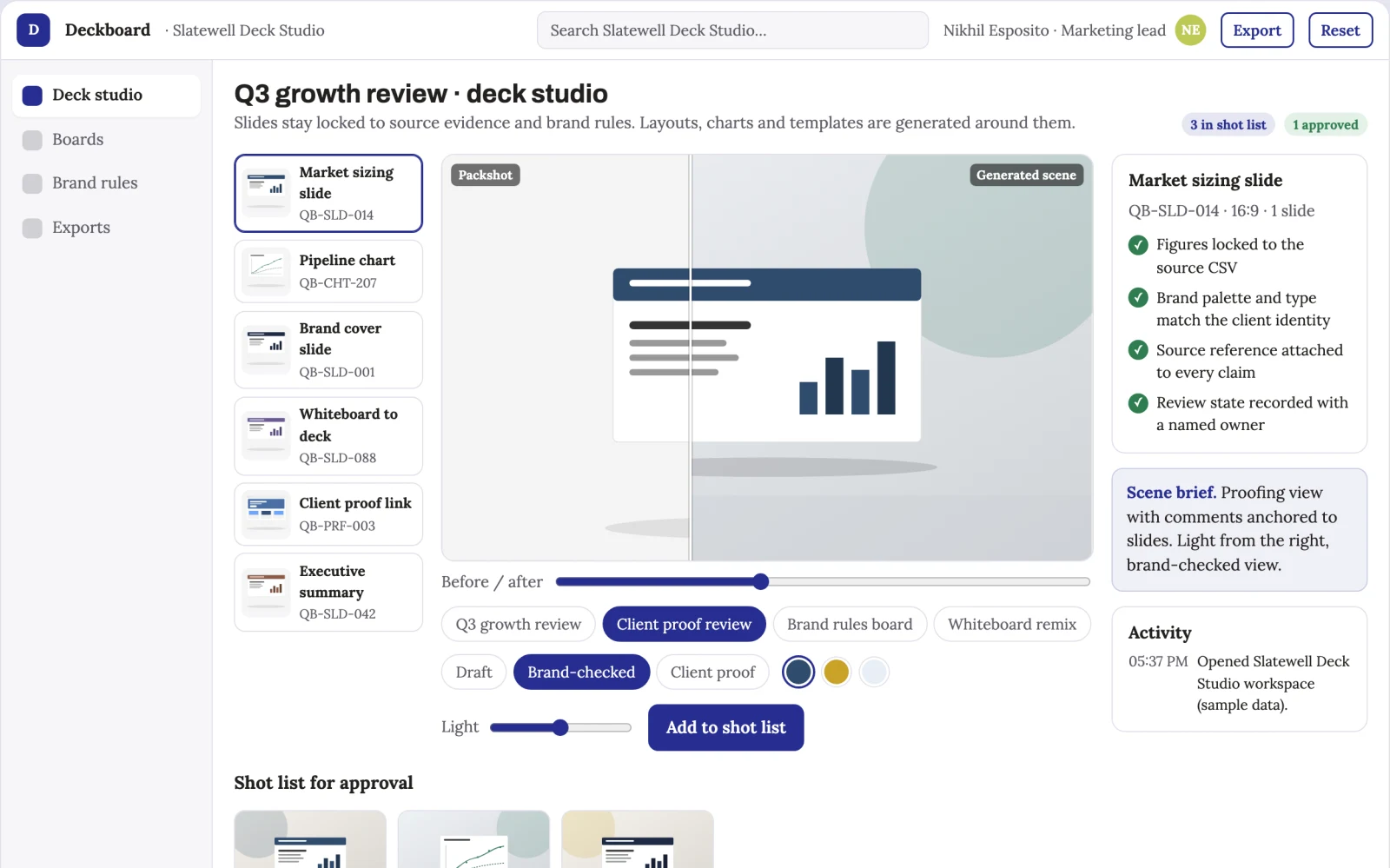 What Presentation deck production and brand review workbench looks like