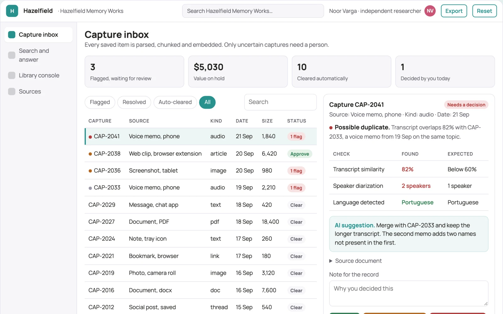 What Private multi-source memory library and search console looks like
