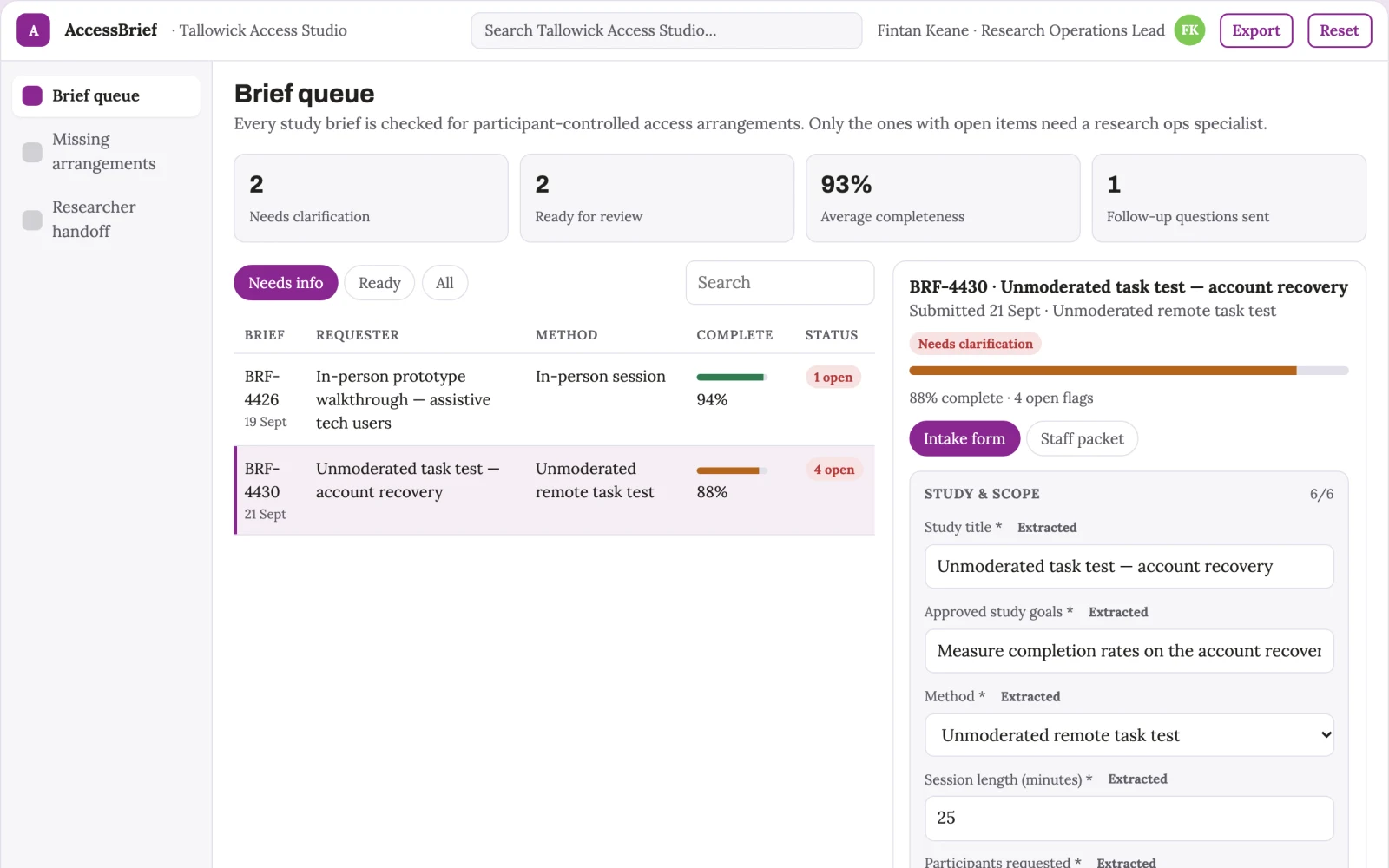 What Product accessibility research recruiting brief looks like