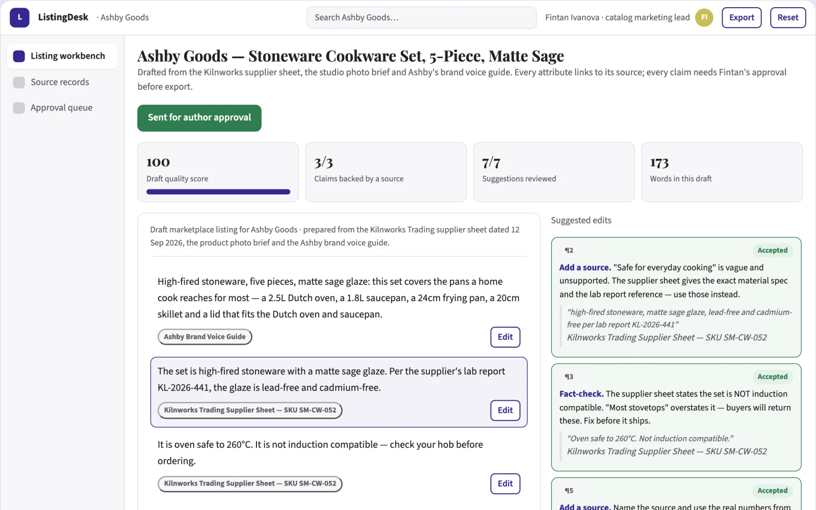 What Product listing content and SEO workbench looks like