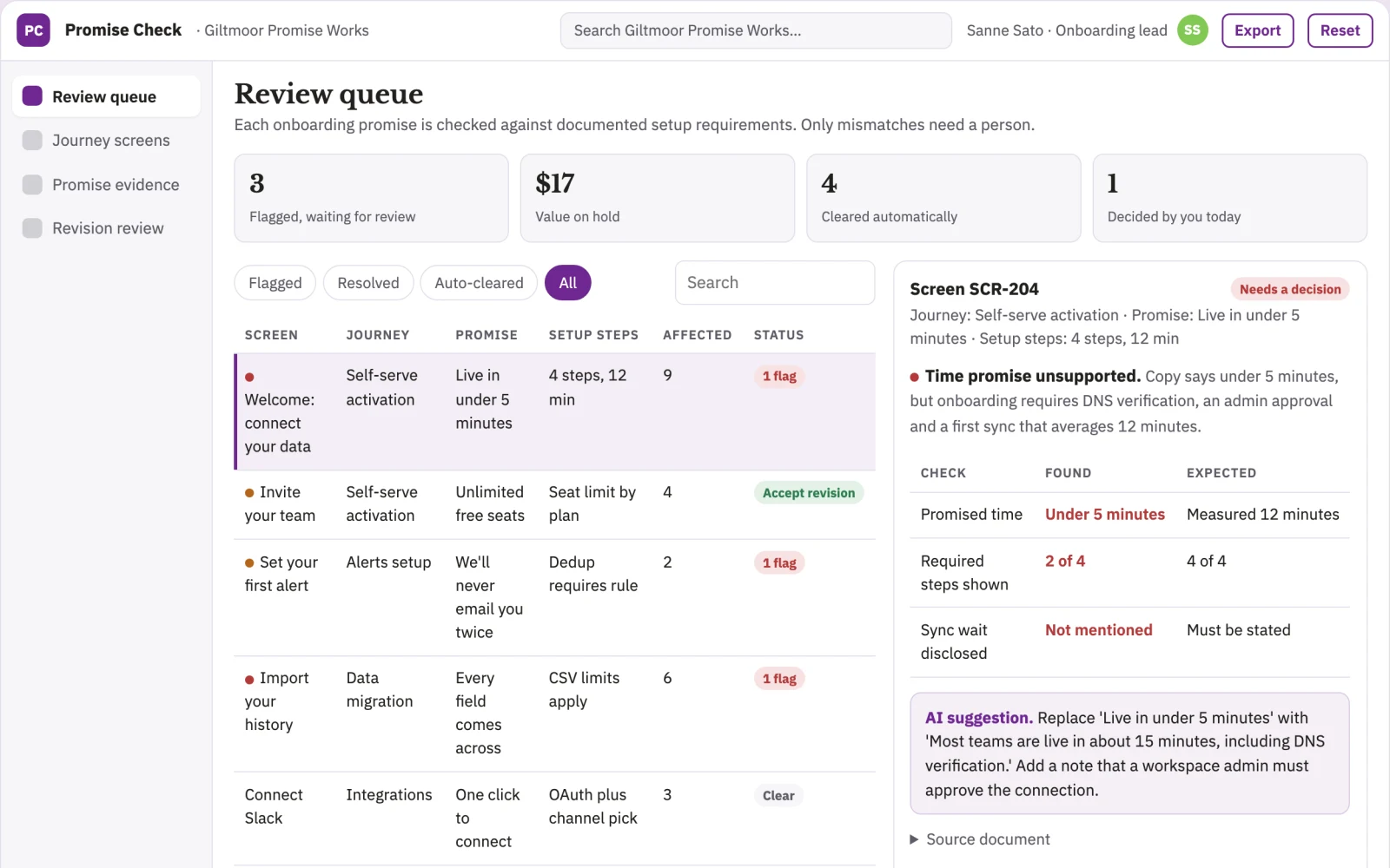 What Product onboarding promise checker looks like