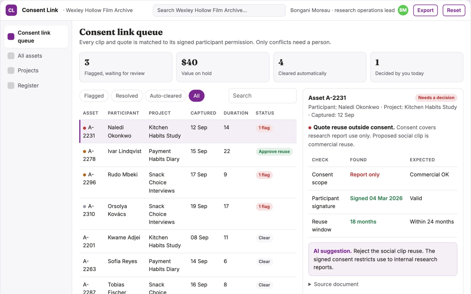 What Product research consent asset linker looks like