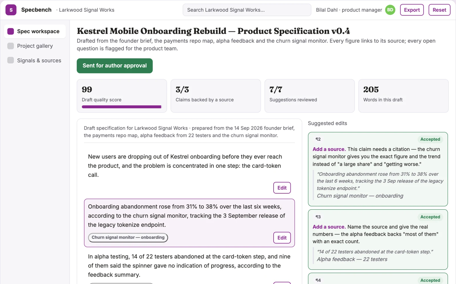 What Product specification and signal workbench looks like