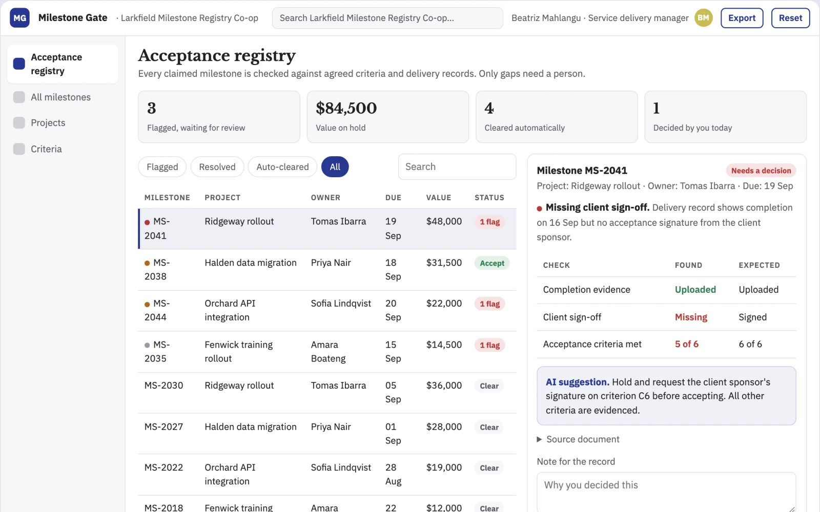 What Project milestone acceptance registry looks like