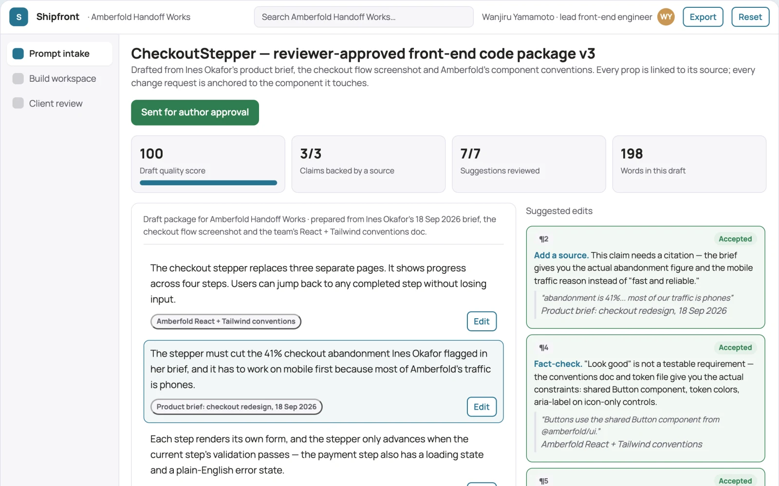 What Prompt-to-front-end code delivery workspace looks like