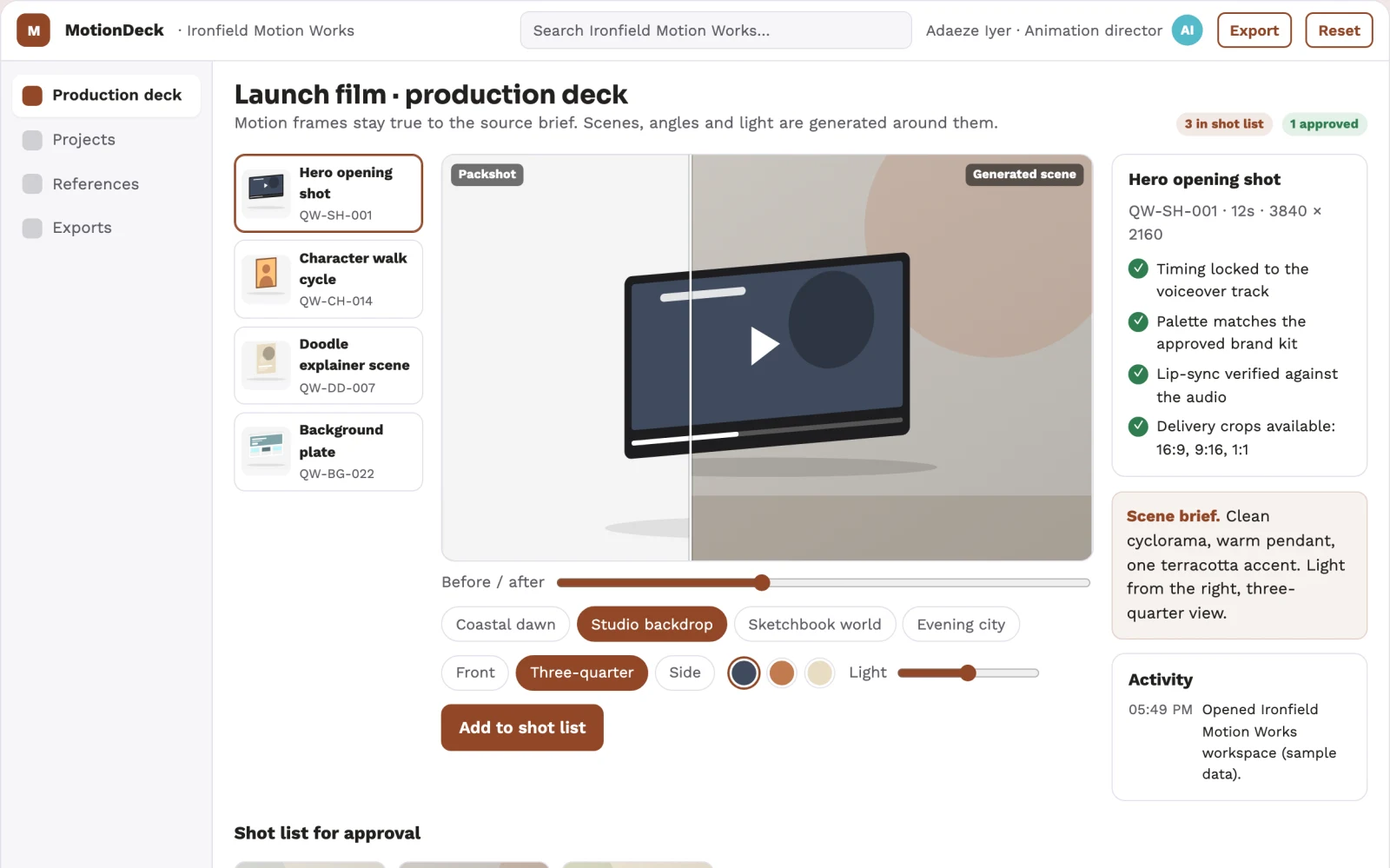 What Prompt-to-motion animation production studio looks like
