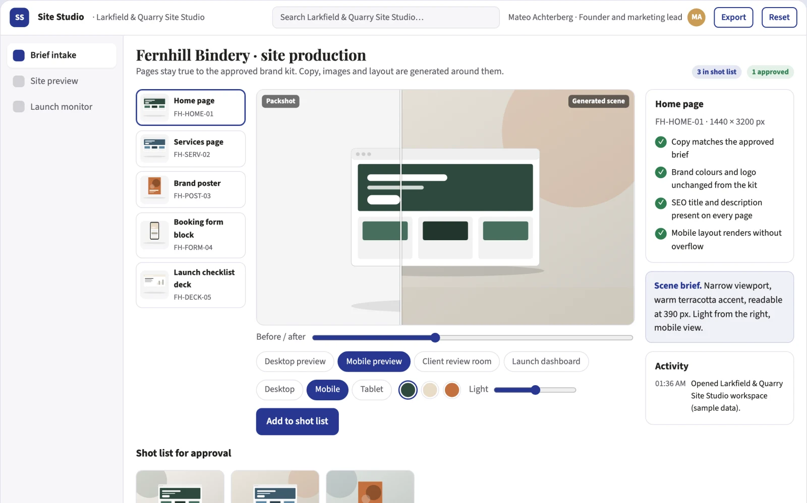 What Prompt-to-published website production workbench looks like