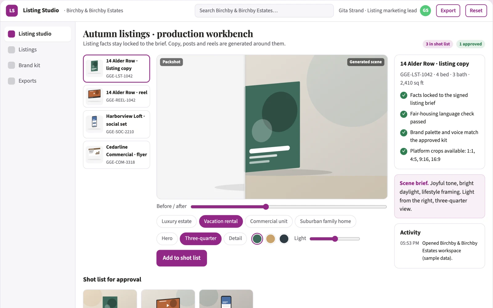 What Property listing written and video marketing workbench looks like