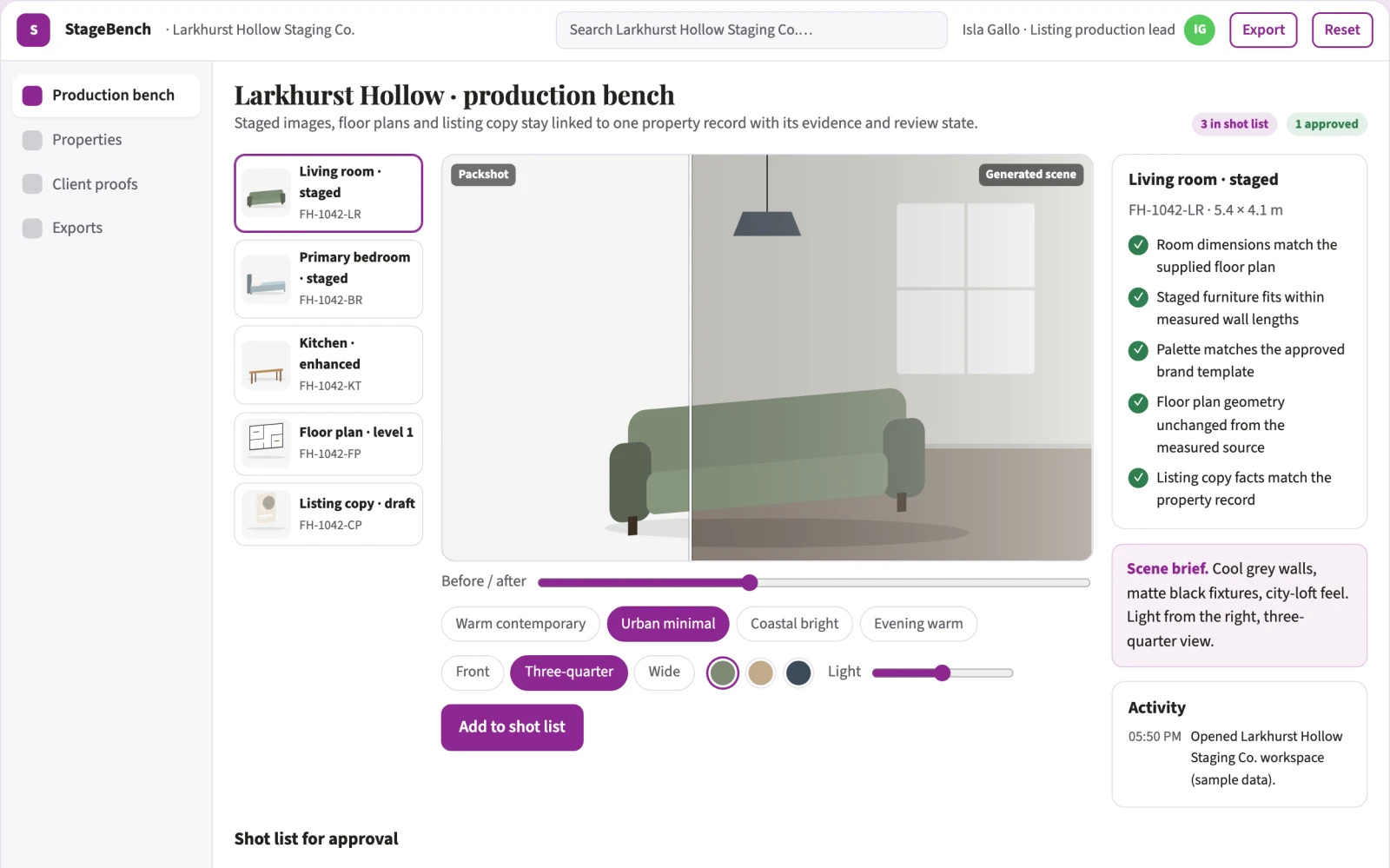 What Property visual production and staging workbench looks like