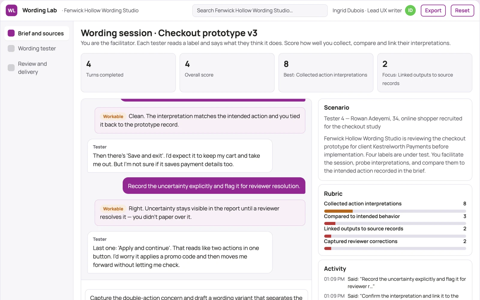 What Prototype interaction wording tester looks like