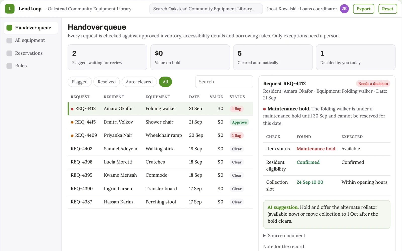 What Public equipment lending access portal looks like