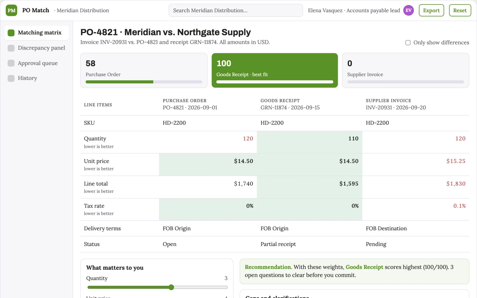 What Purchase order matching assistant looks like