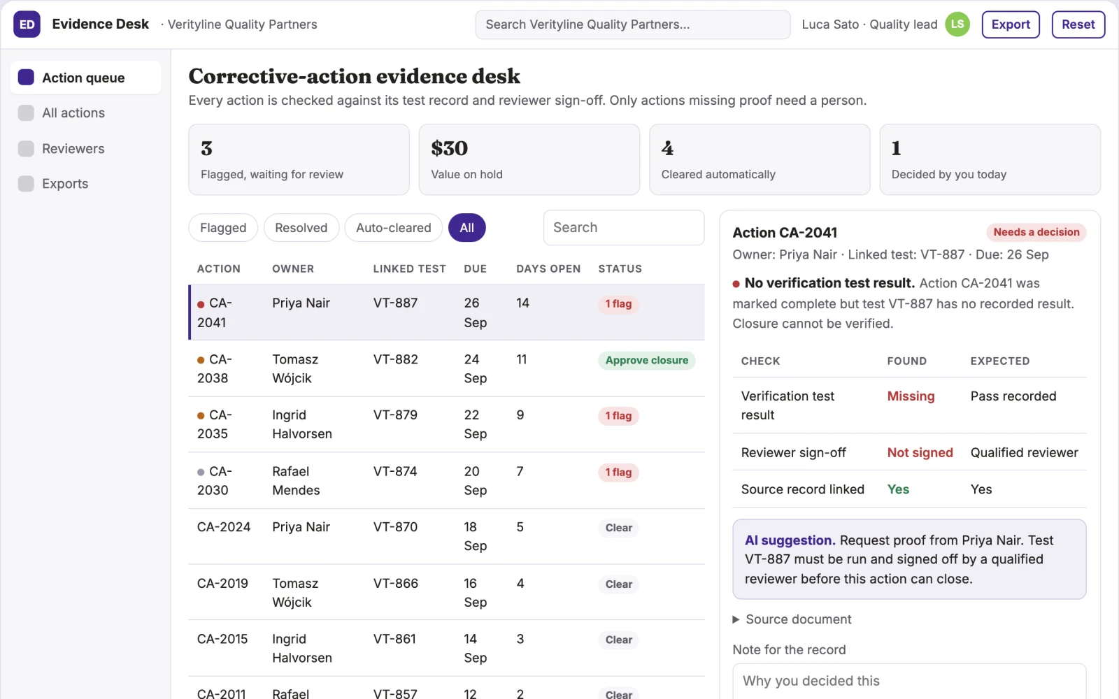 What Quality corrective-action evidence desk looks like