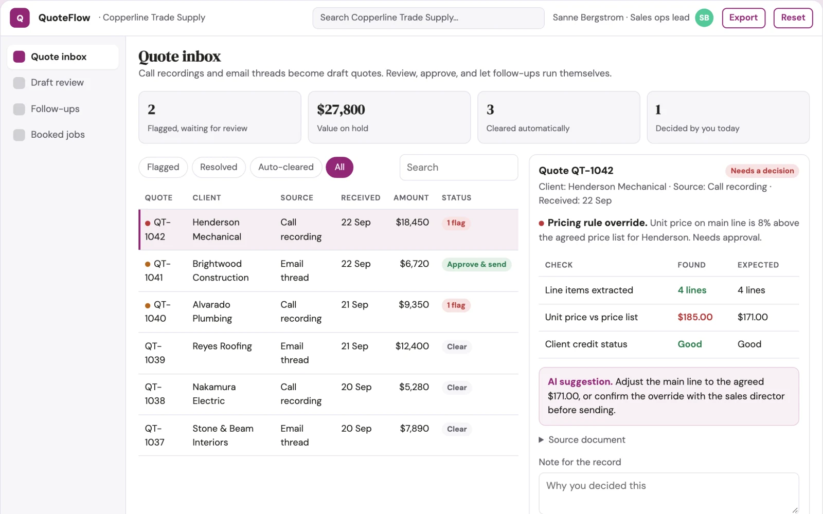 What QuoteFlow Agent looks like