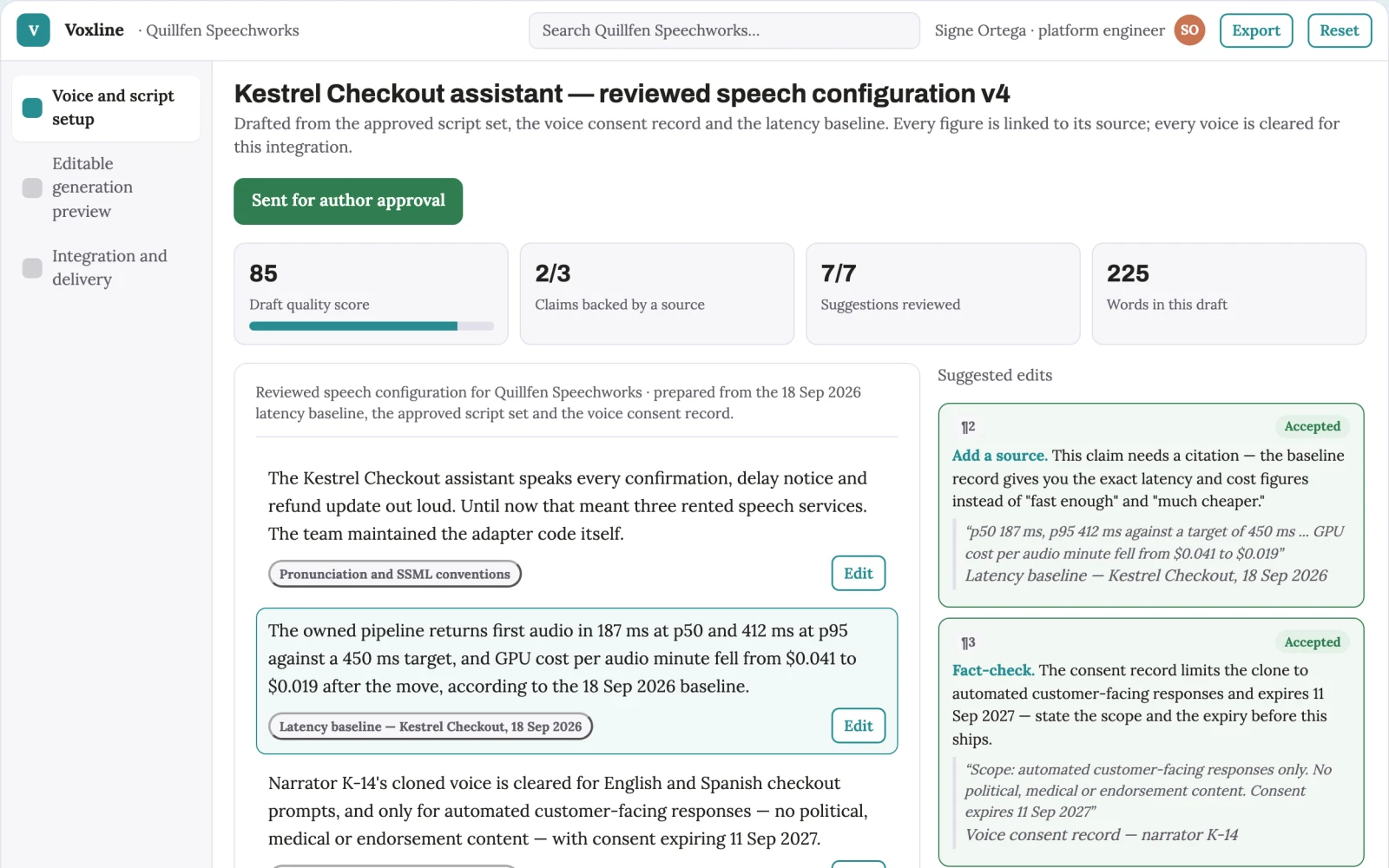What Real-time speech generation and voice control workspace looks like